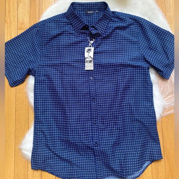 BohioMen's Short Sleeve Button-Up Shirt Blue Patterned Medium